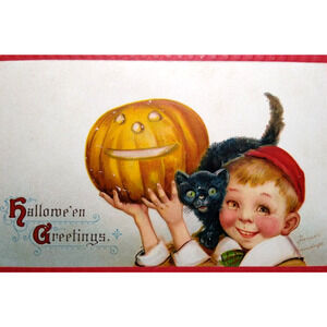 Halloween Postcard Boy Black Cat JOL Pumpkin Series 120 Frances Brundage Germany